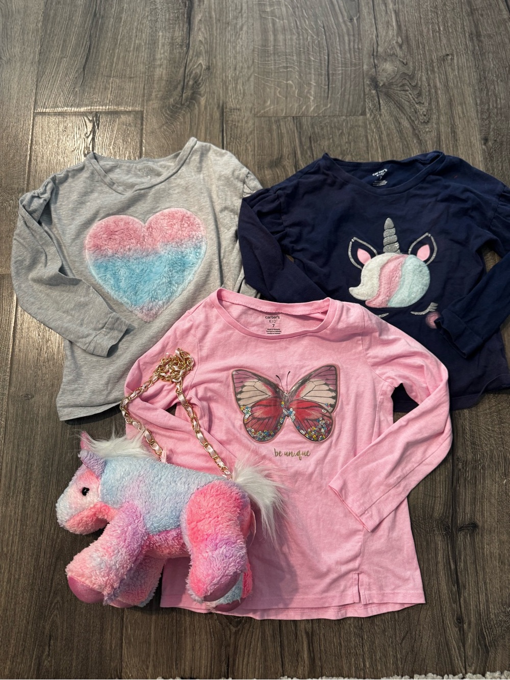 Carter's Pink Butterfly unicorn and heart long sleeve tops size 7 unicorn purse